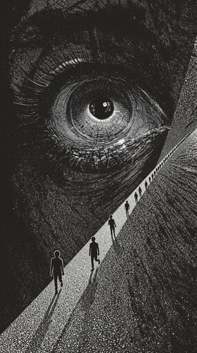 A large, detailed eye dominates the upper portion of the scene, below the eye, a pathway stretches diagonally from the bottom left to the upper right, populated by small, silhouetted human figures walking along it. The pathway is illuminated, contrasting sharply with the dark, textured surroundings. 