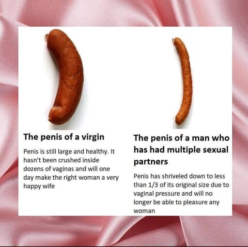 Two sausages side by side on a white background, surrounded by pink satin fabric. Left: a large, thick, curved brown sausage labelled “The penis of a virgin” with text claiming it is large and healthy and will make “the right woman a very happy wife.” Right: a small, thin, straight sausage labelled “The penis of a man who has had multiple sexual partners” with text claiming it has shrivelled to less than 1/3 its original size due to “vaginal pressure” and can no longer pleasure any woman.