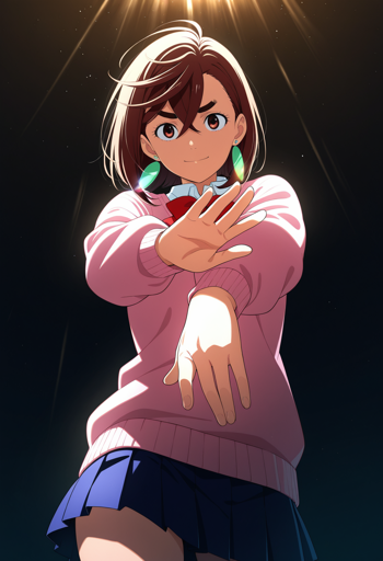 A girl with short, brown hair and brown eyes in a dynamic, low-angle shot against a dark background with dramatic overhead lighting. She wears a uniform consisting of a light pink, long-sleeved sweater, a red bow at the collar, a short, dark blue pleated skirt, and distinctive green earrings. She is smiling confidently, posing with her right hand extended forward with an open palm, and her left hand downturned below it.