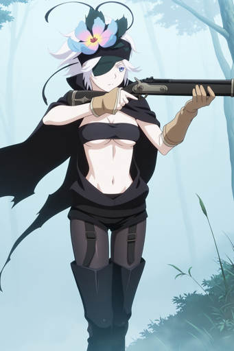 A woman with short, white hair and a blue left eye stands holding a long rifle. Her right eye is covered by an eye patch with a prominent black headband and blue and pink flower adorning her hair. She wears a black leather cape, a black bandeau top, black shorts, dark, sheer stockings, beige gloves, and black thigh-high boots. The setting is a misty forest with blurred trees and sparse foliage in the foreground.