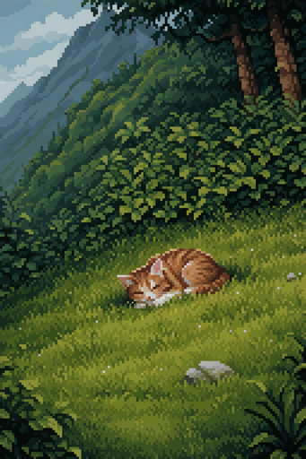 A small orange and white striped kitten lying curled up and sleeping on bright green grass in a pixelated art style. The scene is set on a lush hillside with dense green foliage and trees covering the mountains that extend into the background, under a partly cloudy blue and white sky. 